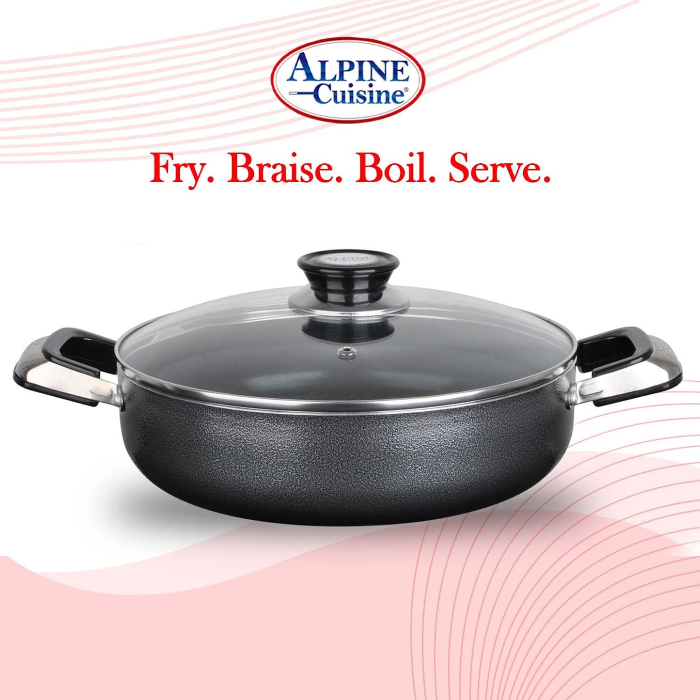 Alpine Cuisine 3.2 Quart Non-stick Caldero Stock Pot with Tempered Glass Lid and Carrying Handles, Multi-Purpose Cookware Aluminum Low Pot Dutch Oven for Braising, Boiling, Stewing