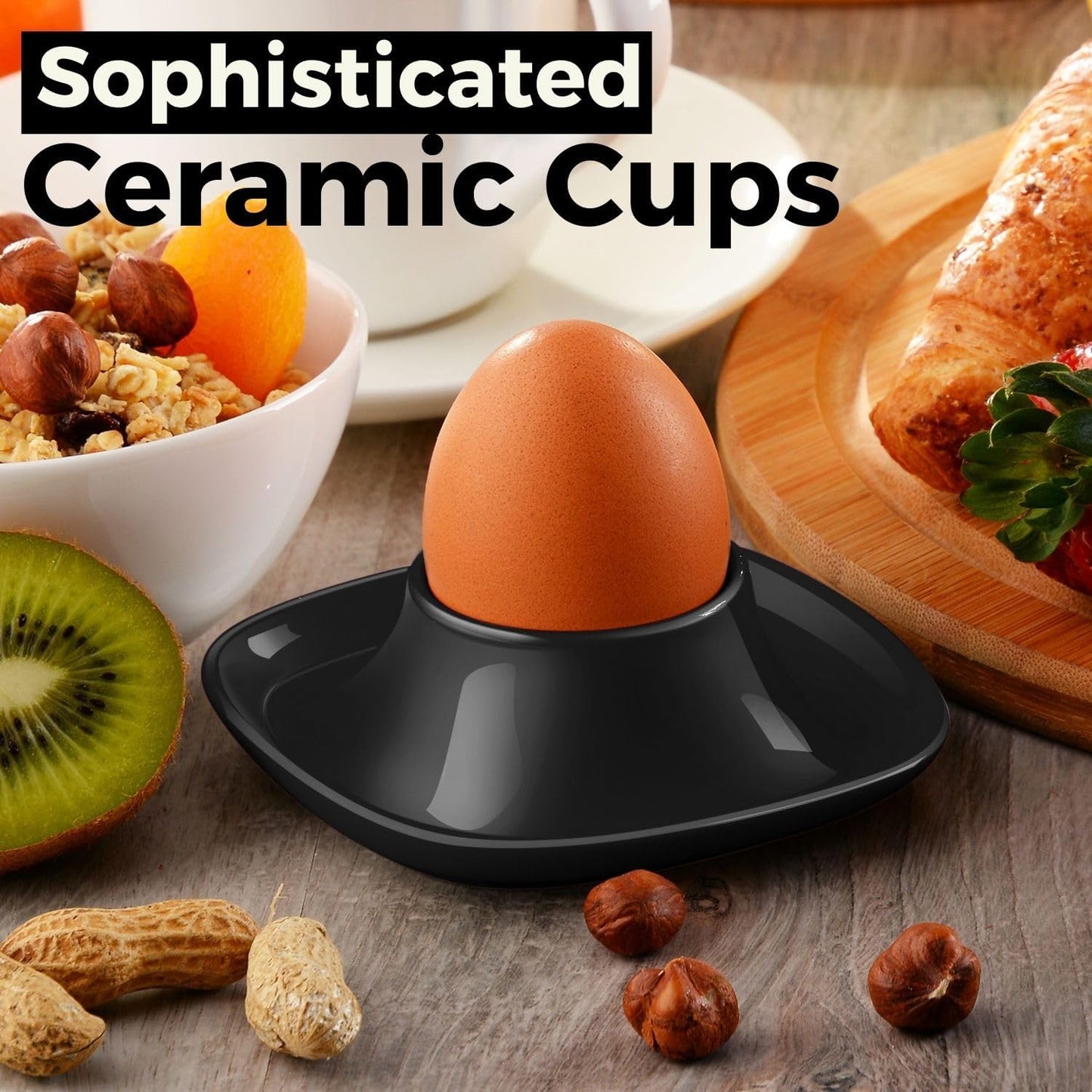 Flexzion Egg Cups for Soft Boiled Eggs - Set of 6 Ceramic Egg Holder - Stackable Egg Coddler Cups with Base for Serving, Breakfast, Brunch - Kitchen Table Decor, Black