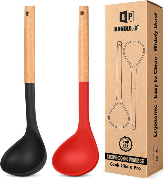 Pack of 2 Soup Ladle, Silicone Ladle Spoon with Wooden Handle, Large Non Stick High Heat Resistant Kitchen Utensils for Cooking, Stirring, Serving Soups(BLACK-RED)