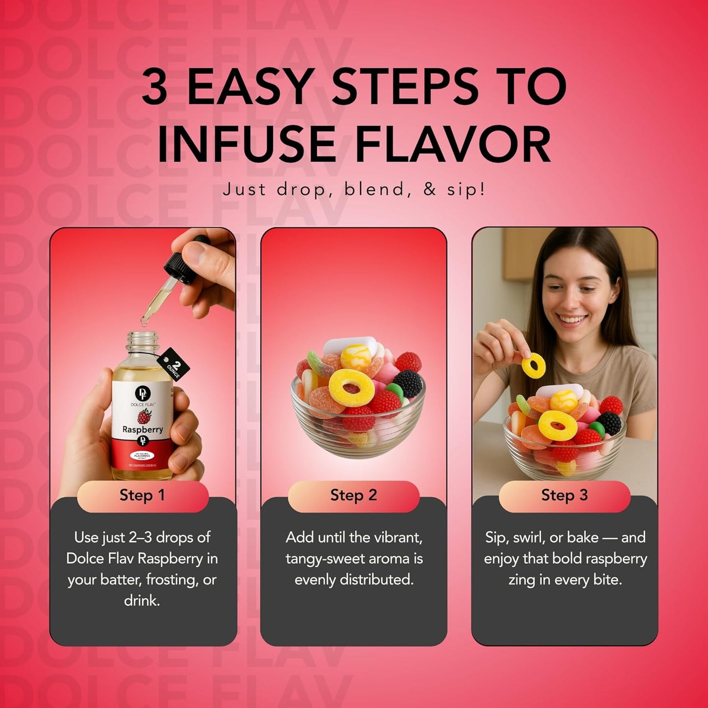 Dolce Flav Raspberry Extract (Oil-Soluble) 1 Gallon – Kosher, Sugar-Free, Concentrated Raspberry Flavoring for Chocolates, Candies & Baking