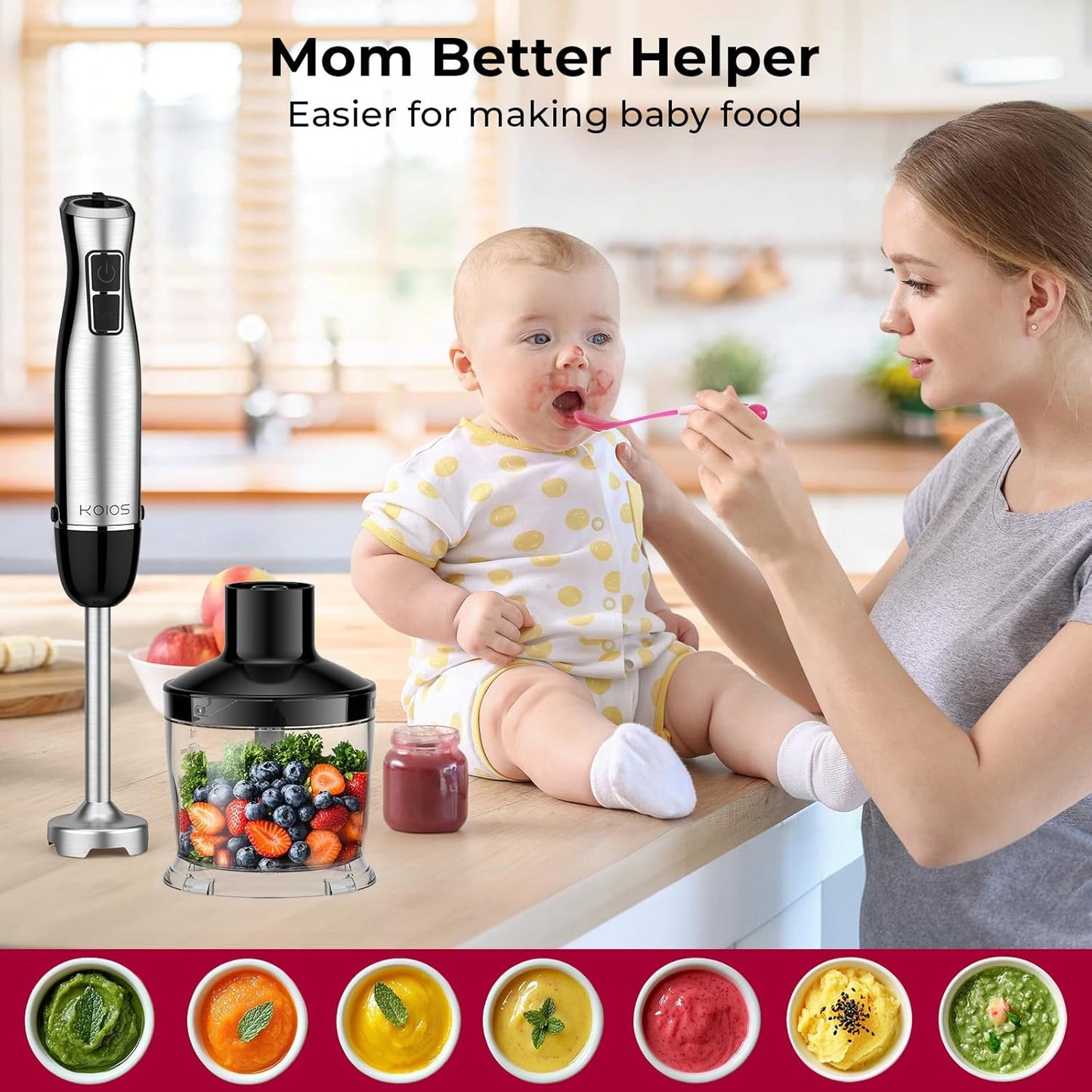 KOIOS Immersion Blender, 1100W 5-in-1 Multi-Purpose Hand Blender, 12-Speed, 600ml Beaker, 500ml Chopper, Egg Whisk, Milk Frother, Black