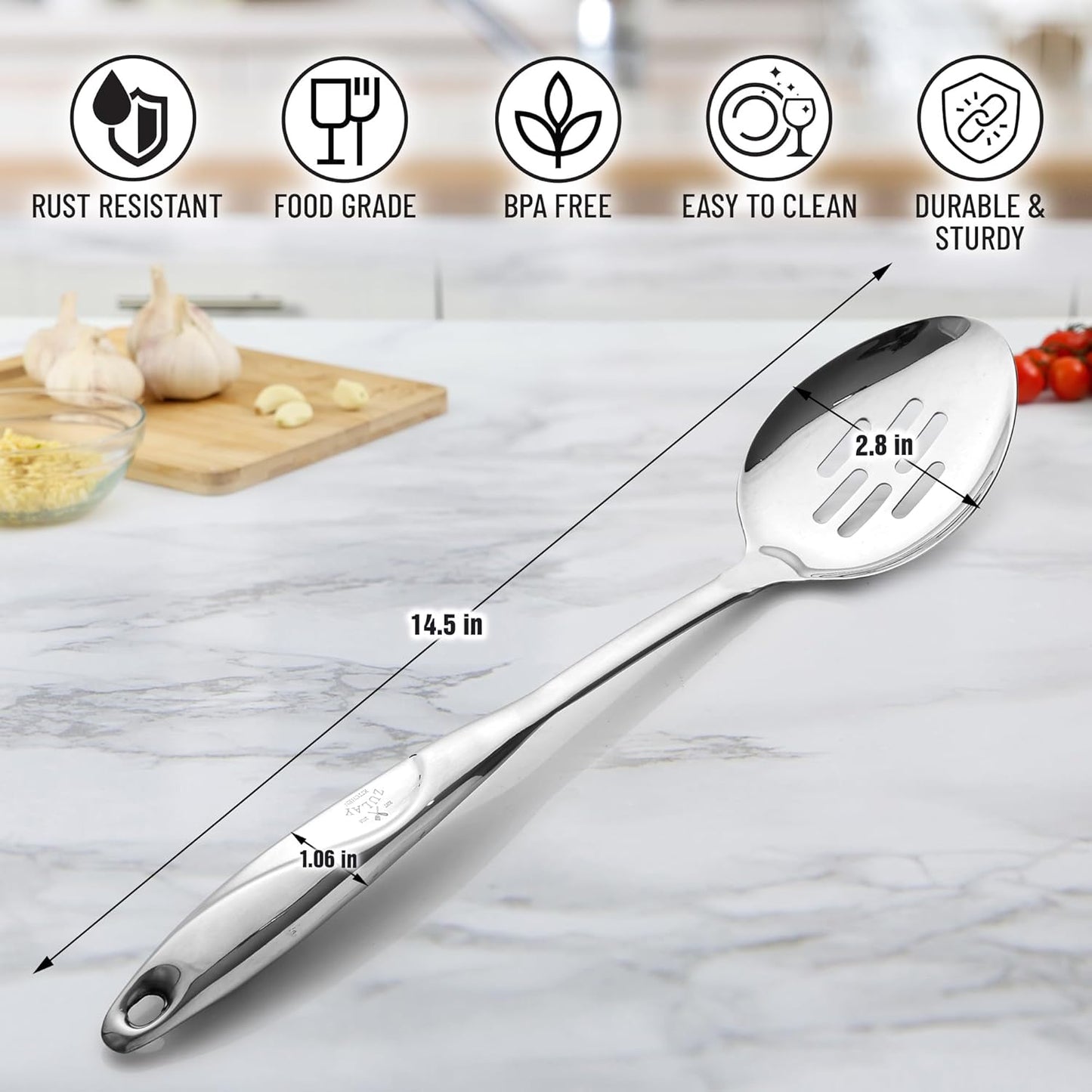 Zulay Kitchen Stainless Steel Slotted Spoon - Large Cooking Spoon - Durable Premium Stainless Steel with Comfortable, Ergonomic Handle - Easy to Clean - Perfect for At Home Cooking & Buffets - 15”