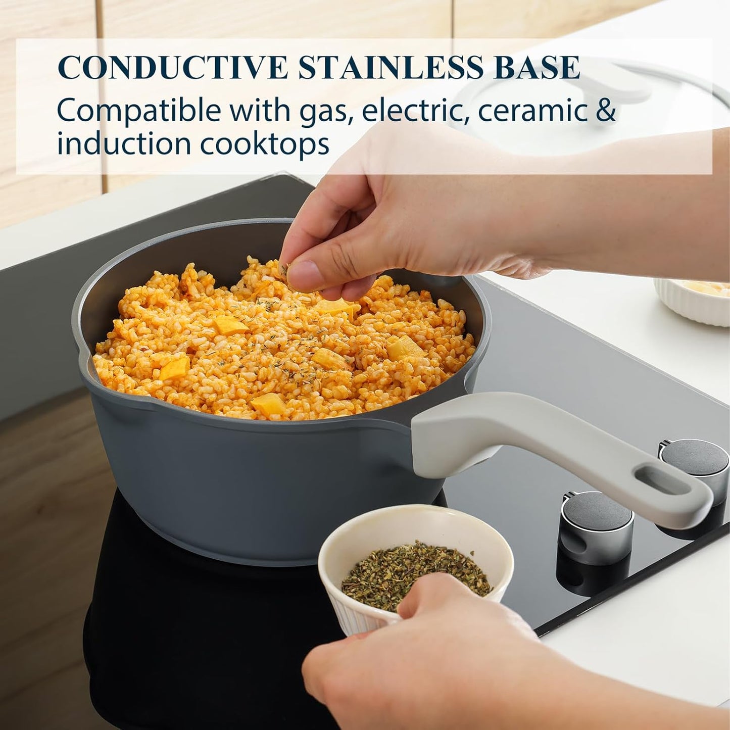 Nonstick Saucepan with Lid, 2 Quart Ceramic Sauce Pan, Non Toxic Sauce Pot with Pour Spouts for Multipurpose Use, PTFE, PFOA & PFAS Free, Induction Compatible.