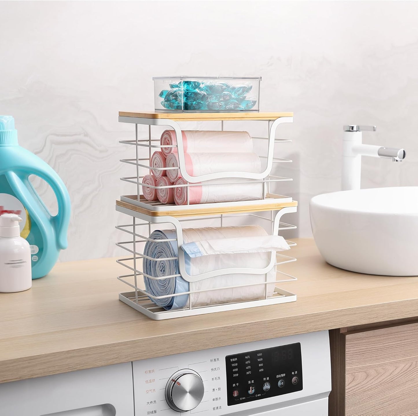 Trash Bag Dispenser Holder for Kitchen 2 Pack White Garbage Bag Organizer Wall Mount Stackable Bin with Bamboo Lid for Countertop, Under Sink, Laundry Room