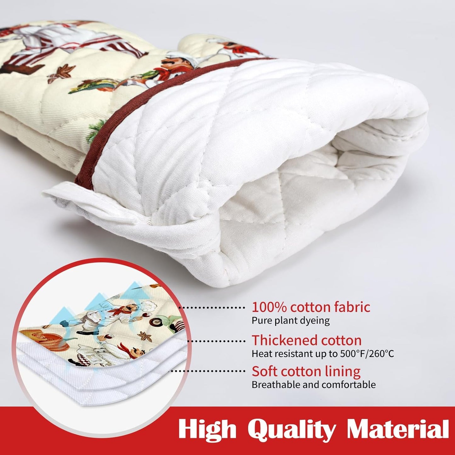 Chef Oven Mitts and Pot Holders Sets 4Pcs, 100% Cotton Heat Resistant, Extra Long Oven Gloves Potholder for Kitchen Cooking Baking Decoration