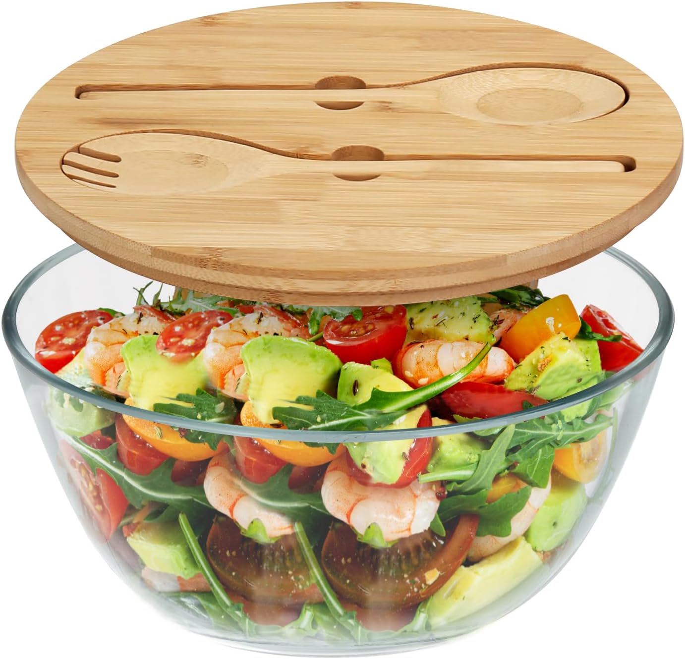 ShineMe Glass Salad Bowl, 4.7 Qt Large Mixing Bowl with Lid and Built in Utensils, Versatile Trifle Bowl for Serving, Mixing, Preparing, Storing, and Decoration in Kitchen