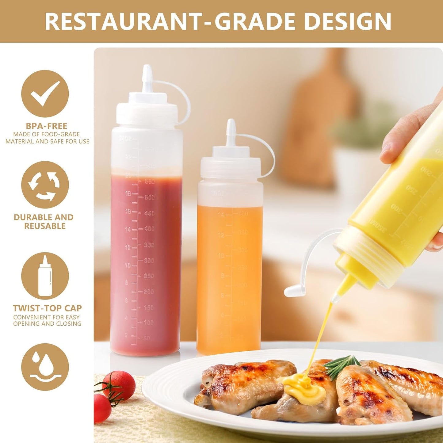 8 Pack 12 oz Plastic Squeeze Squirt Condiment Bottles with Cap Lids - Perfect for Condiments, Oil, Icing, Liquids–Set of 8 with extra 1 Silicone Funnel, 8 Chalk Labels and 1 Pen