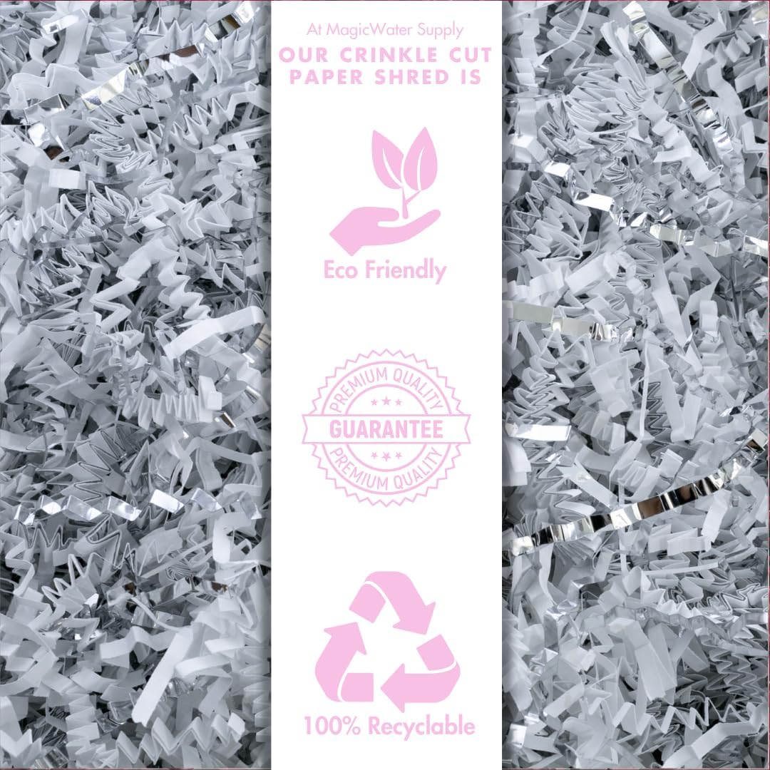 MagicWater Crinkle Cut Paper for Gift Baskets - 2LB - White & Silver - Perfect for Shredded Paper Filler, Basket Filler, Gift Boxes, Bridesmaid Gifts, Halloween Stuffers & More – for All Occasions