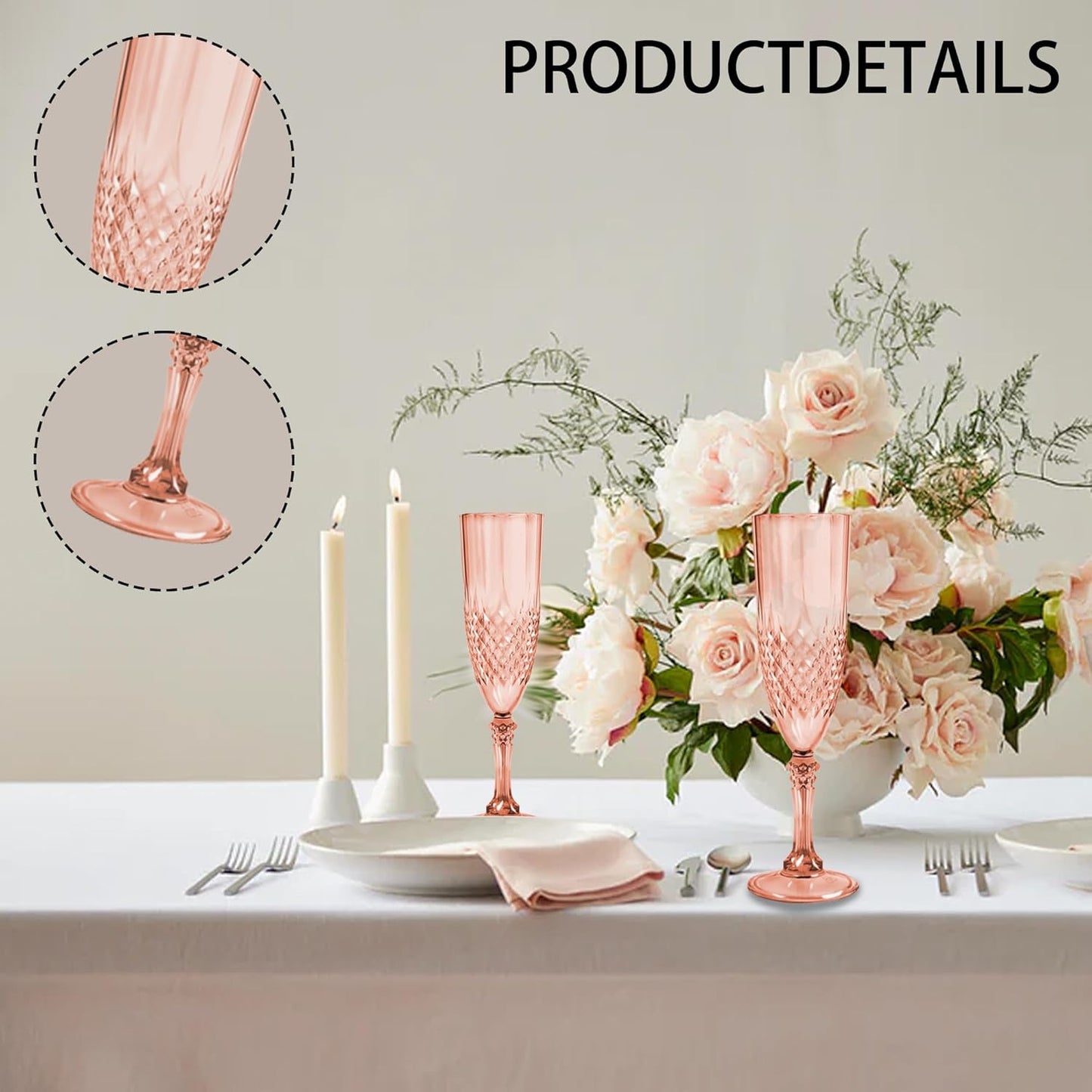 Plastic Champagne Flutes, 48PCS Rose Gold Plastic Wine Glasses Goblets Reusable Champagne Flute for Weddings, Bachelor Parties, Toasting, and Events(48,Rose Gold)