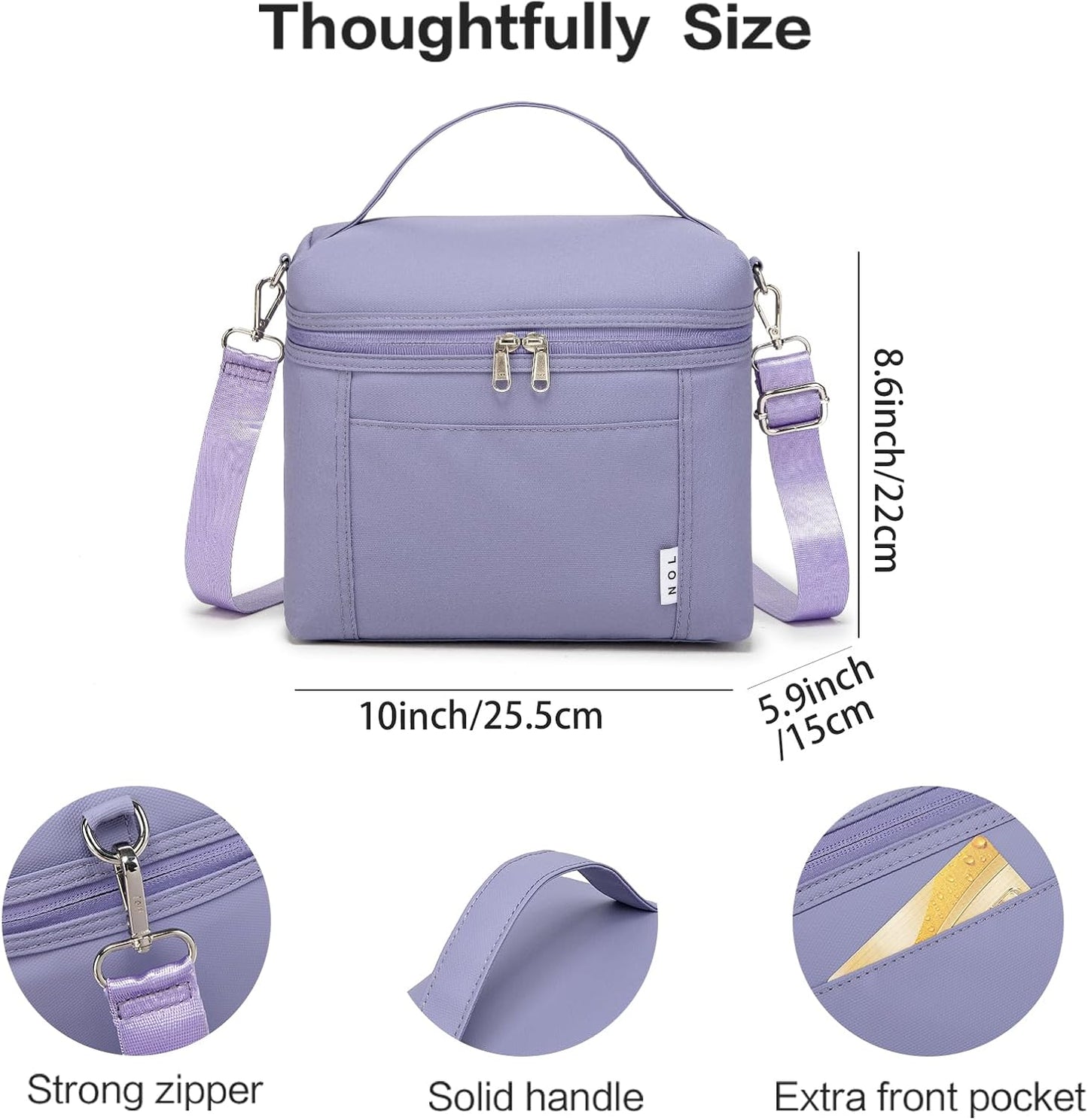 NOL Natural Organic Lifestyle Insulated Lunch Bags for Women Cooler Bag Lightweight Nylon Waterproof Lunch Box For Work (Light purple, Medium(normal))