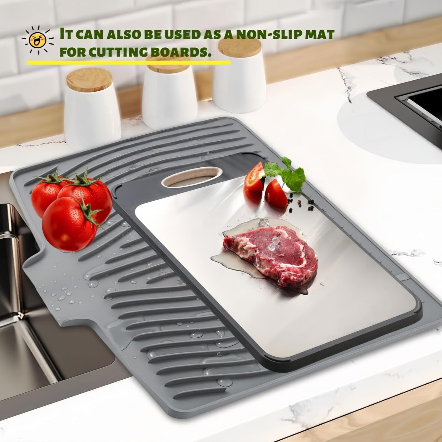 CIEO Silicone Dish Drying Mat for Kitchen Counter, Slope Fast Self-Draining, Non-Slip Drain Pad, Easy Clean Countertop Protection Mat, Multiple Use for Dishes Drying Rack（18.9"x 13.58",Gray）