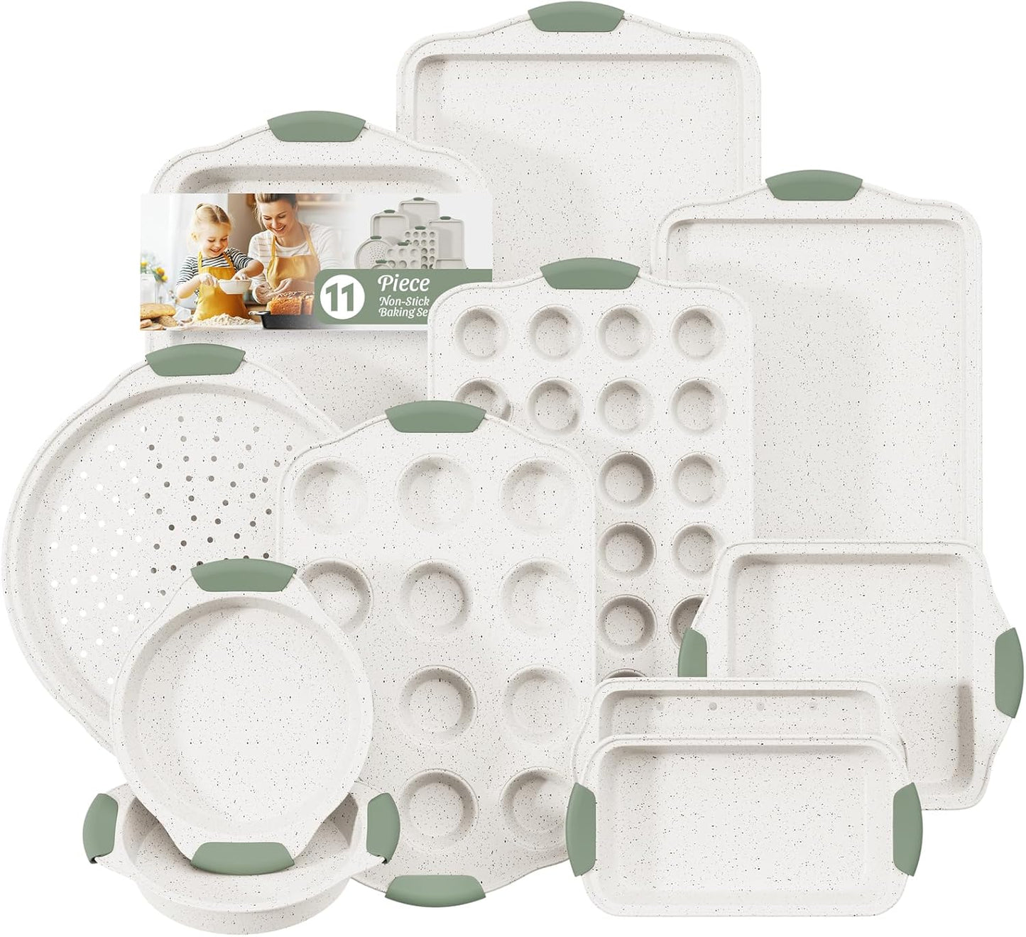 11-Piece Non-Toxic Baking Set, Stackable Nonstick Cookware with Heat-Resistant Handles - Includes Cookie Tray, Round Cake Pan, Muffin Cups, Pizza Pan & Loaf Baker, White&Light Green