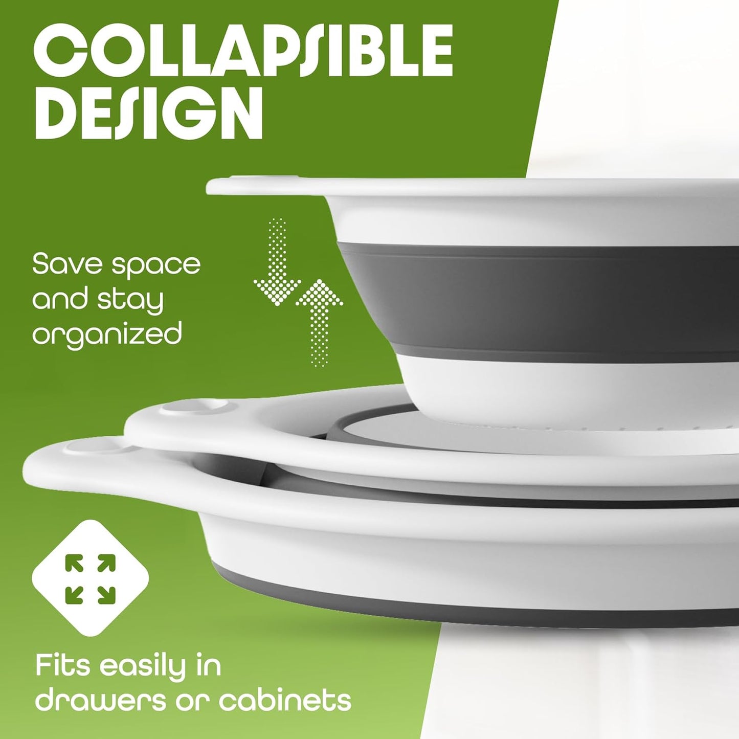 Collapsible Colanders (2 Pack Set) Food Strainers with Over-Sink Water Draining Base for Pasta Fruits and Vegetables (4 and 5 Quart) - White Gray