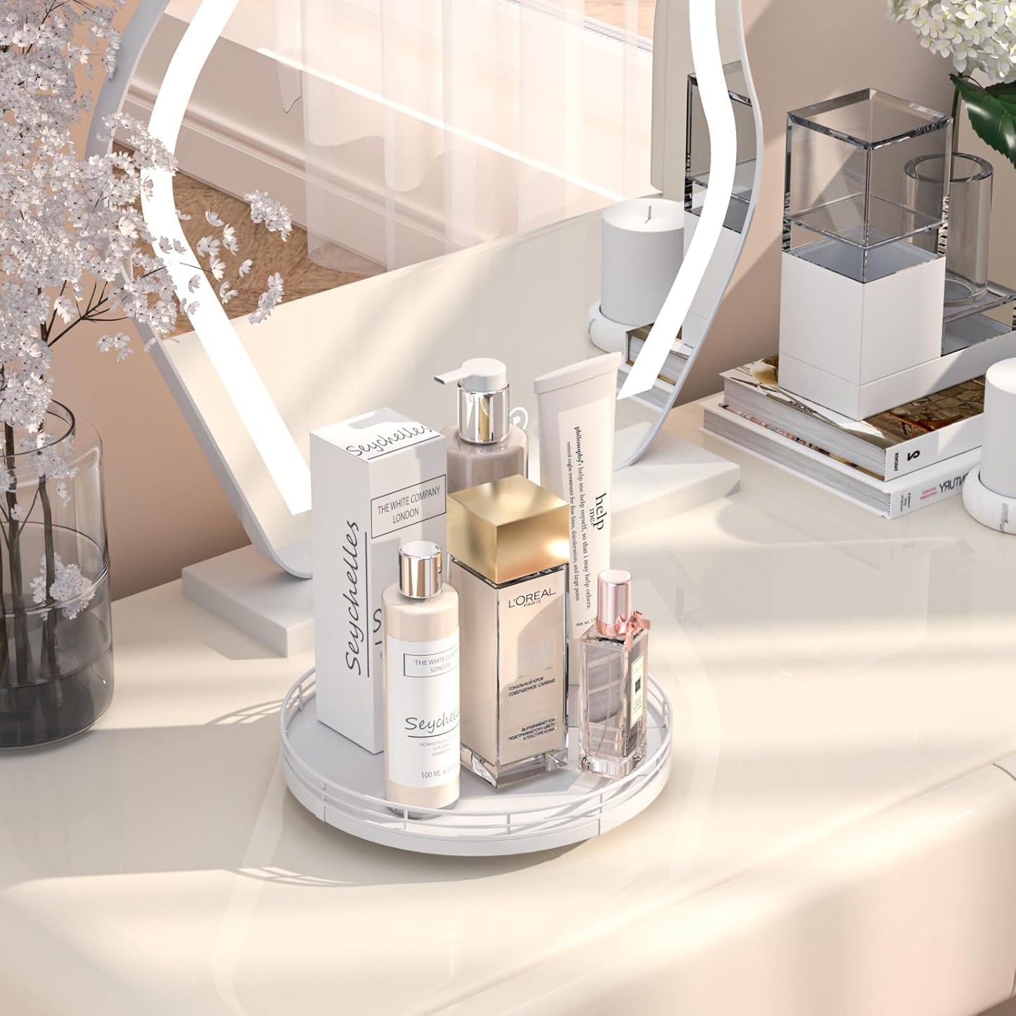 9" Oak Wood Bathroom Tray for Counter, Vanity Tray for Perfume Lotion Candle Makeup Jewelry Sink Soap Holder Turntable Dresser Organizer Countertop Coffee Table Decor Organization and Storage White