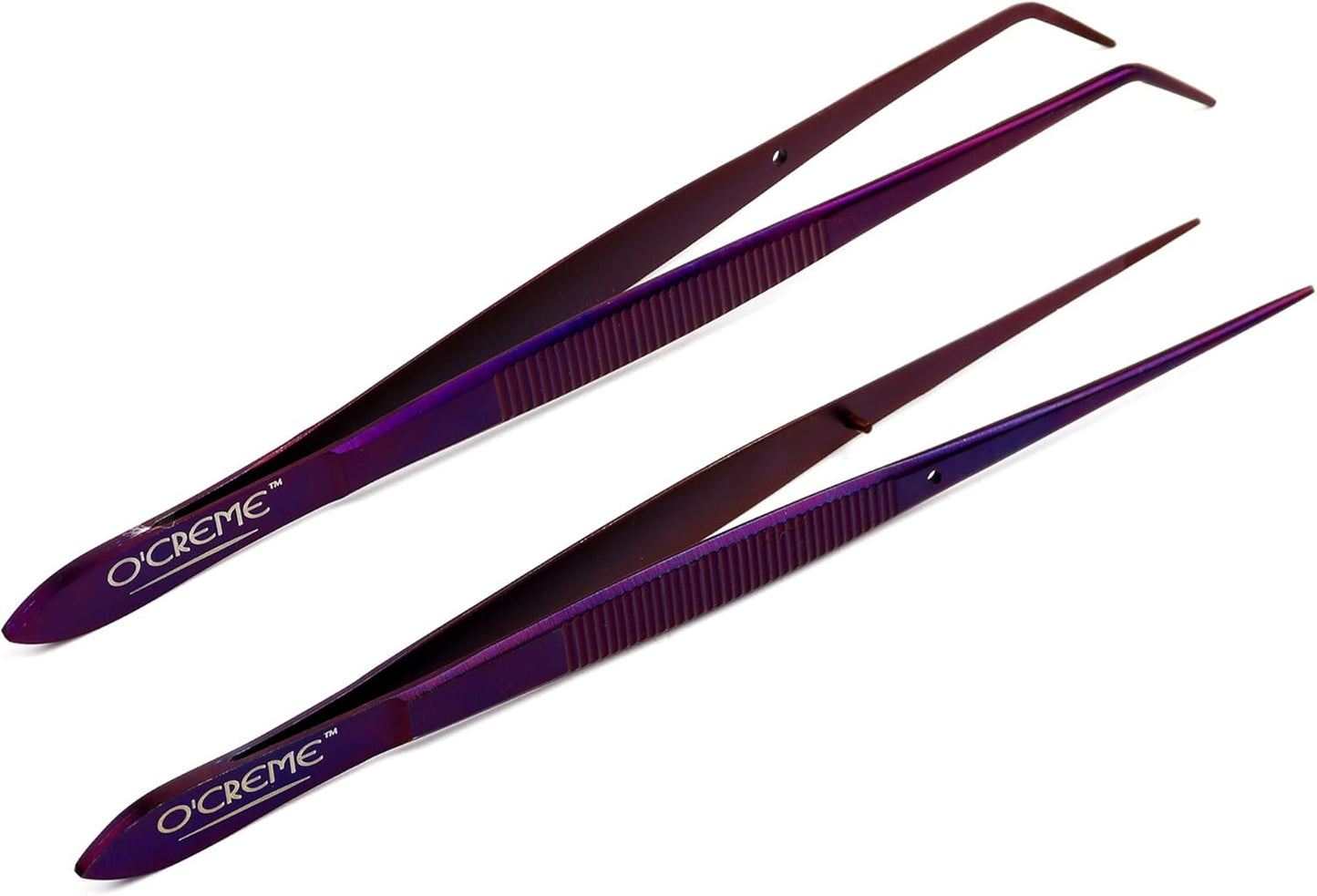 O'Creme Purple Stainless Steel Precision Kitchen Culinary Fine-Tip Tweezer Tongs, 1 Curved and 1 Straight