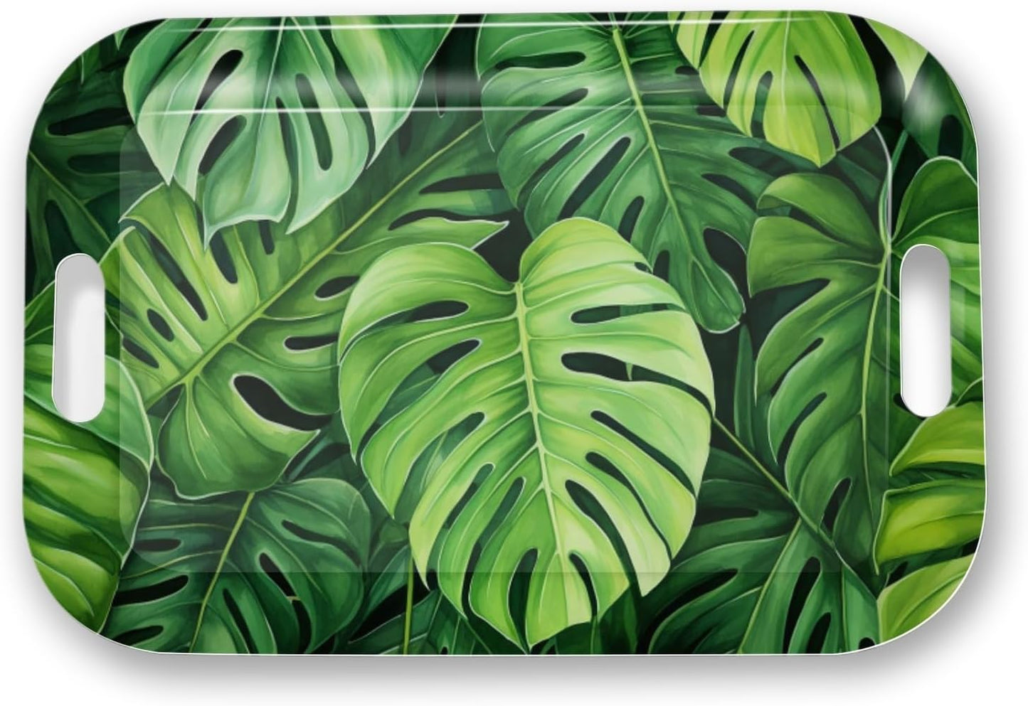 Serving Trays with Handles, 14.5 x 9.8 inch Rectangular Plastic Tray for Restaurant, Kitchen, Tropical Leaf Pattern Monstera in The Style