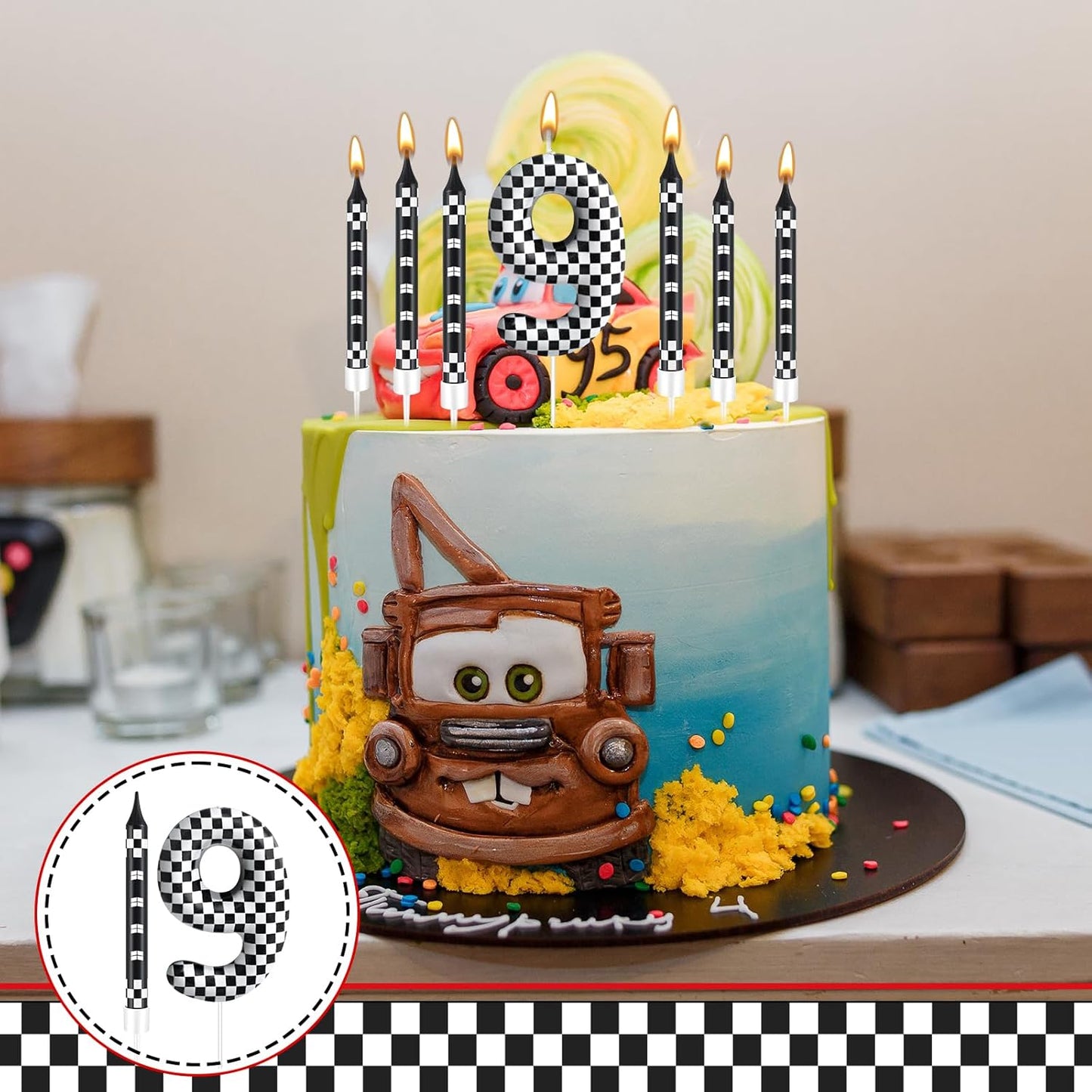 13 Pcs Racing Cars Themed Birthday Candles Black and White Race Number 9 Checkered Candle Cake Topper for Racing Car Party Decoration Supplies (Number 9)
