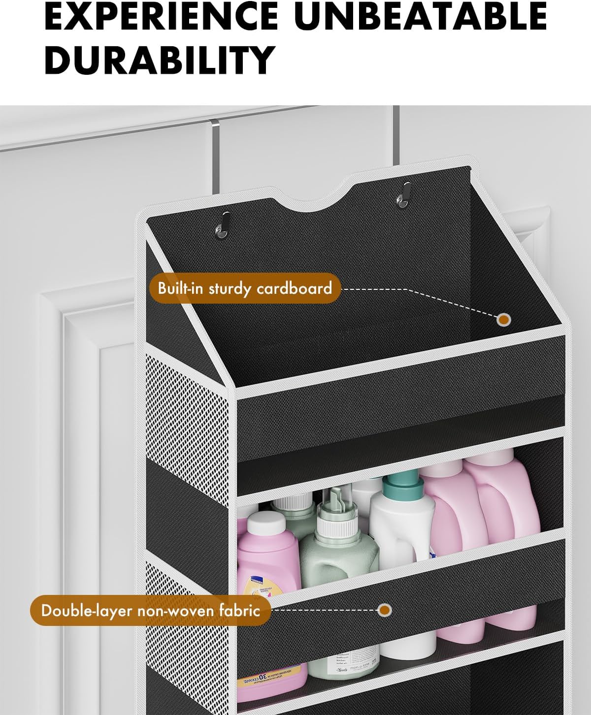 Over The Door Organizer Hanging - 6 Shelf Over Door Organizer with 6 Clear Front & 12 Side Pockets - 50LB Load Behind Storage for Closet Bedroom Bathroom Nursery Baby Essentials(Black)