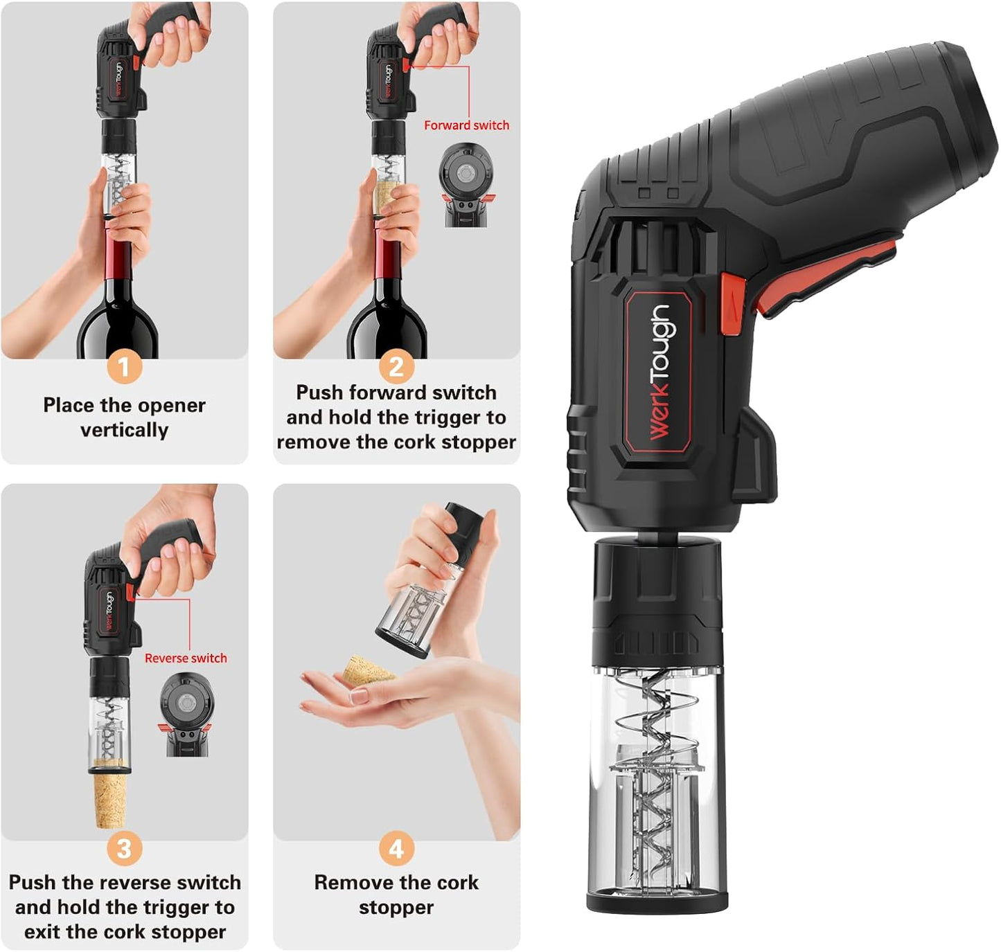 Werktough 4V Electric Corkscrew Wine Opener Set Cordless Screwdriver Battery Powerd with 4 Grill Accessories, Five-in-One Power Tool Kit for Home, Kitchen, and BBQ Lovers