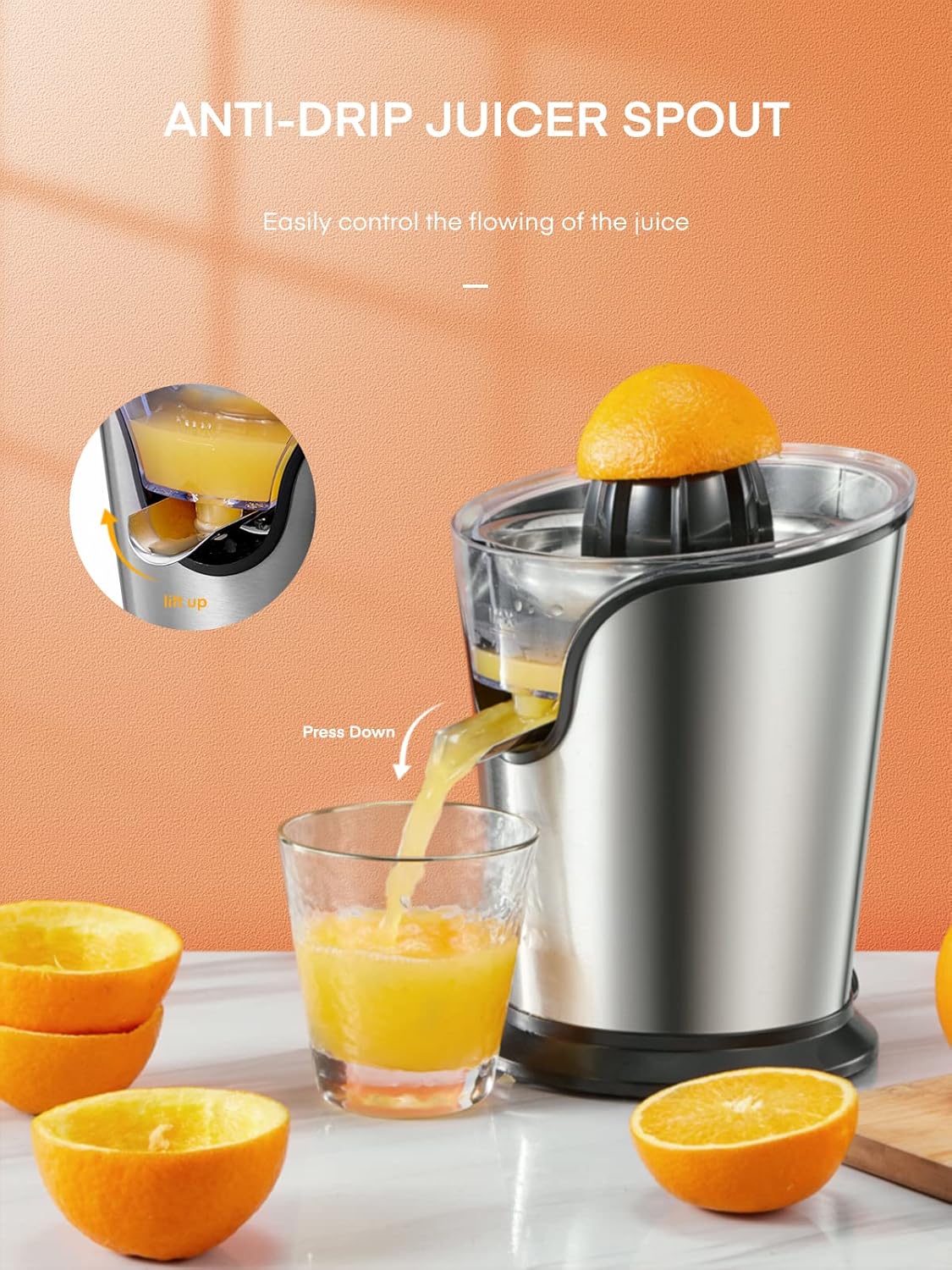 FOHERE Orange Juicer Squeezer Electric Citrus Juicer with Two Interchangeable Cones Suitable for orange, lemon and Grapefruit, Brushed Stainless Steel