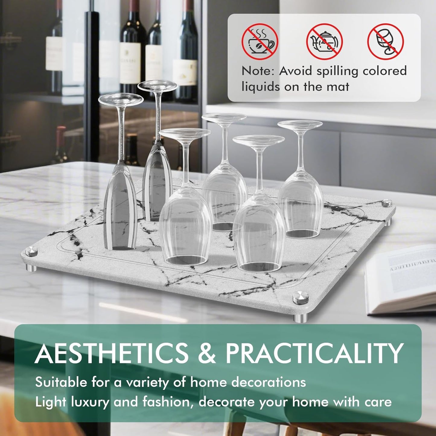 Stone Drying Mat For Kitchen Counter Superb Absorbent Diatomaceous Earth Mats with Non-Slip Feet Quick Dry Stone Dish Drying Pad Dish Pad Multi-Purpose(Marble-LightGray, 15.7" x 11.8")