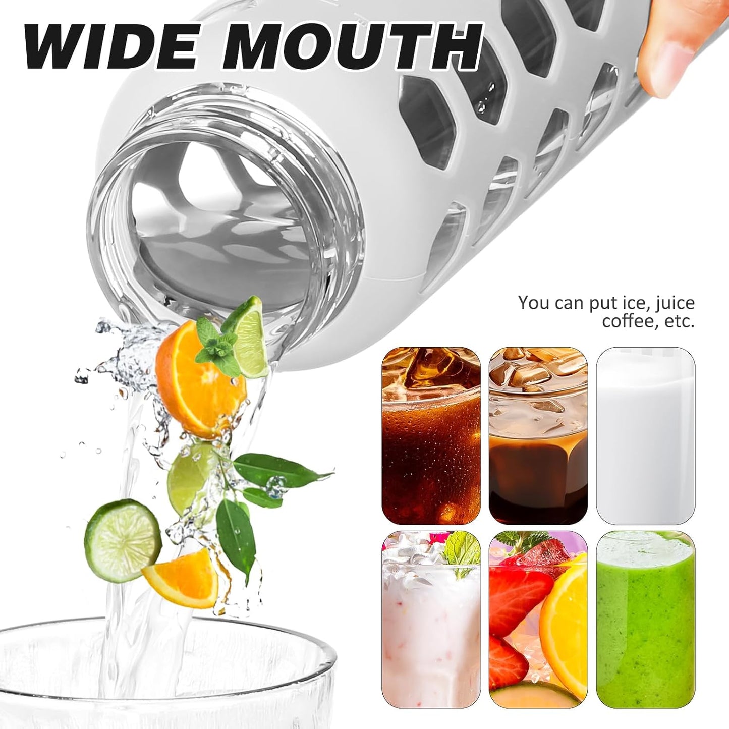 MUKOKO Glass Water Bottles, 24oz Glass Tumbler with Straw, Drinking Bottles with 2 Lids-Handle Spout Lid&Bamboo Straw Lid, Motivational Water Bottle with Time Marker and Silicone Sleeve, 1 Pack-White