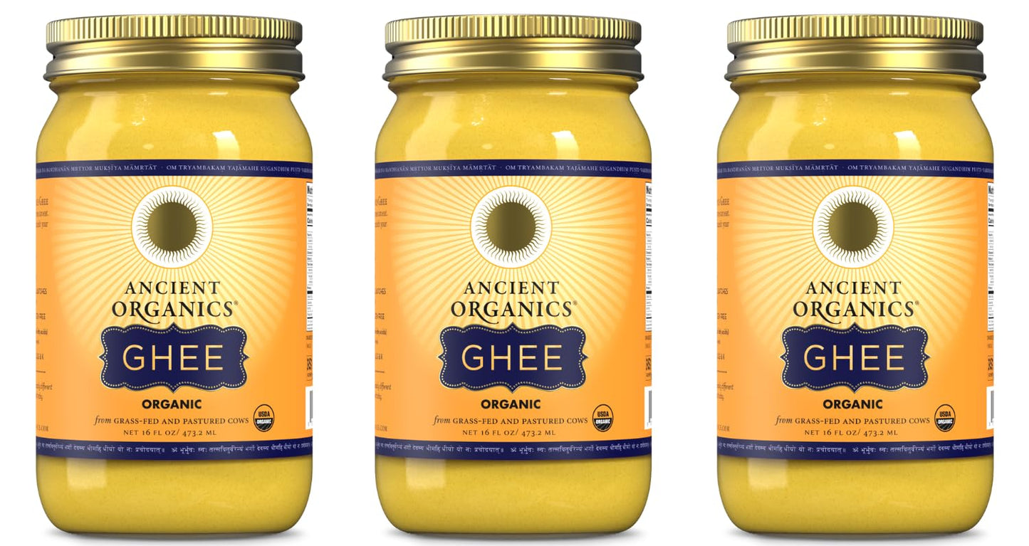 Ancient Organics Ghee, Organic Grass Fed Gluten Free Clarified Ghee Butter with Vitamins & Omegas, Lactose Free, 100% Certified Organic, Kosher, USDA Certified, Made in USA - 16 Fl Oz (Pack of 3)