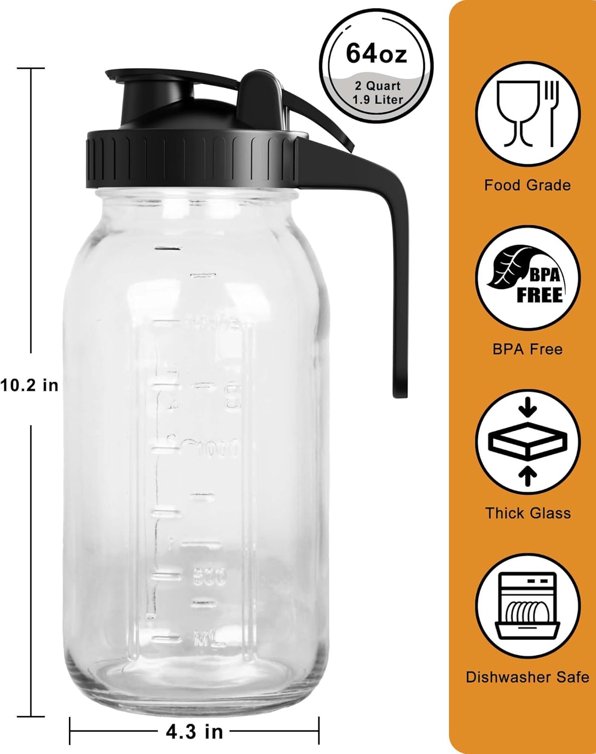 64 oz Mason Jar Pour Spout, 2 Quart Glass Water Pitcher with Lid, Airtight Seal for Great for Iced Tea,Juice,Milk,Coffee,Sun Lemonade, Set of 1(Black)