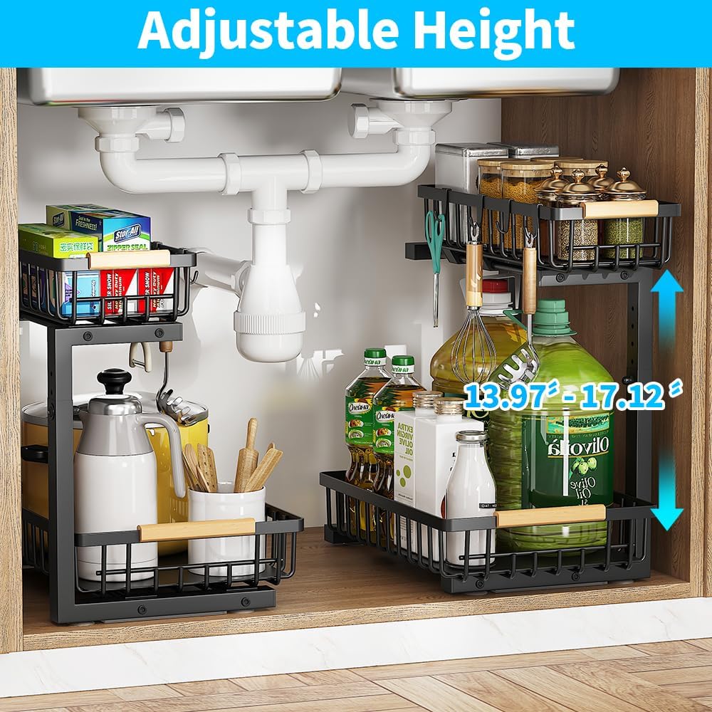 Under Sink Organizer, 2 Tier Metal Under Sink Organizers and Storage, 2 Pack Height Adjustable Slide out Pull out Cabinet Organizer Shelf for Kitchen Bathroom Pantry Cabinet