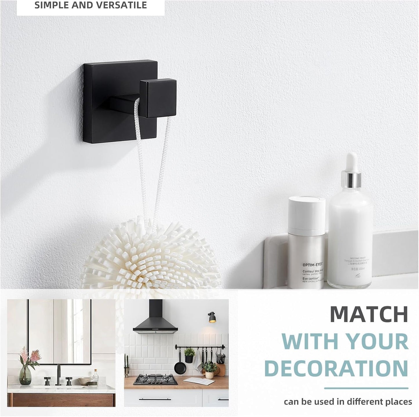 Angle Simple Towel Hook Matte Black, SUS 304 Stainless Steel Coat Robe Hook, Bathroom Hand Towel Hanger for Wall