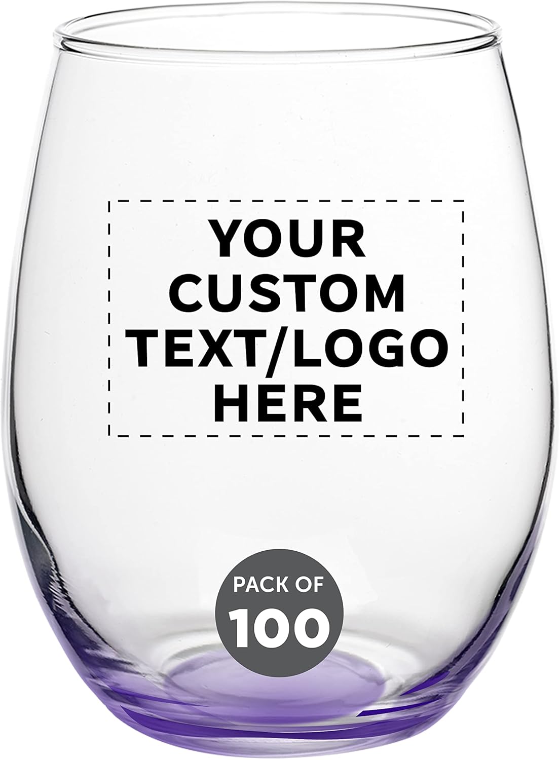 Custom Stemless Wine Glasses in Bulk by ARC Perfection, 15 oz, 100 pack, Personalized Text, Logo, Purple or White Wine Glass Set, Purple