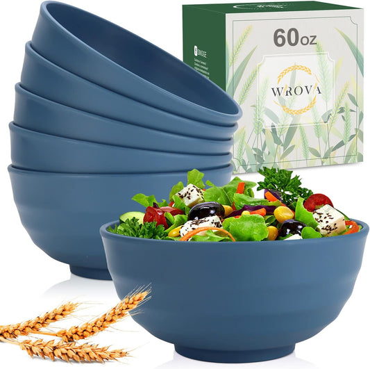 Wheat Straw Bowls Set 60 OZ Unbreakable Large Cereal Bowls Set of 6 Microwave and Dishwasher Safe Bowls Big Bowls for Camping and Party BPA Free Soup Bowl for Serving Oatmeal and Salad (Blue)