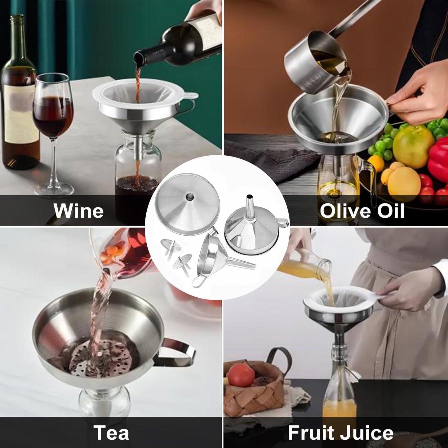 Stainless Steel Funnels for Kitchen use,3PCS Large Kitchen Metal Funnel with 2 Removable Strainer,Cleaning Brush,200 Mesh Food Filter,Funnel for Filling Bottles,for Transferring of Liquid,Oils,Jam