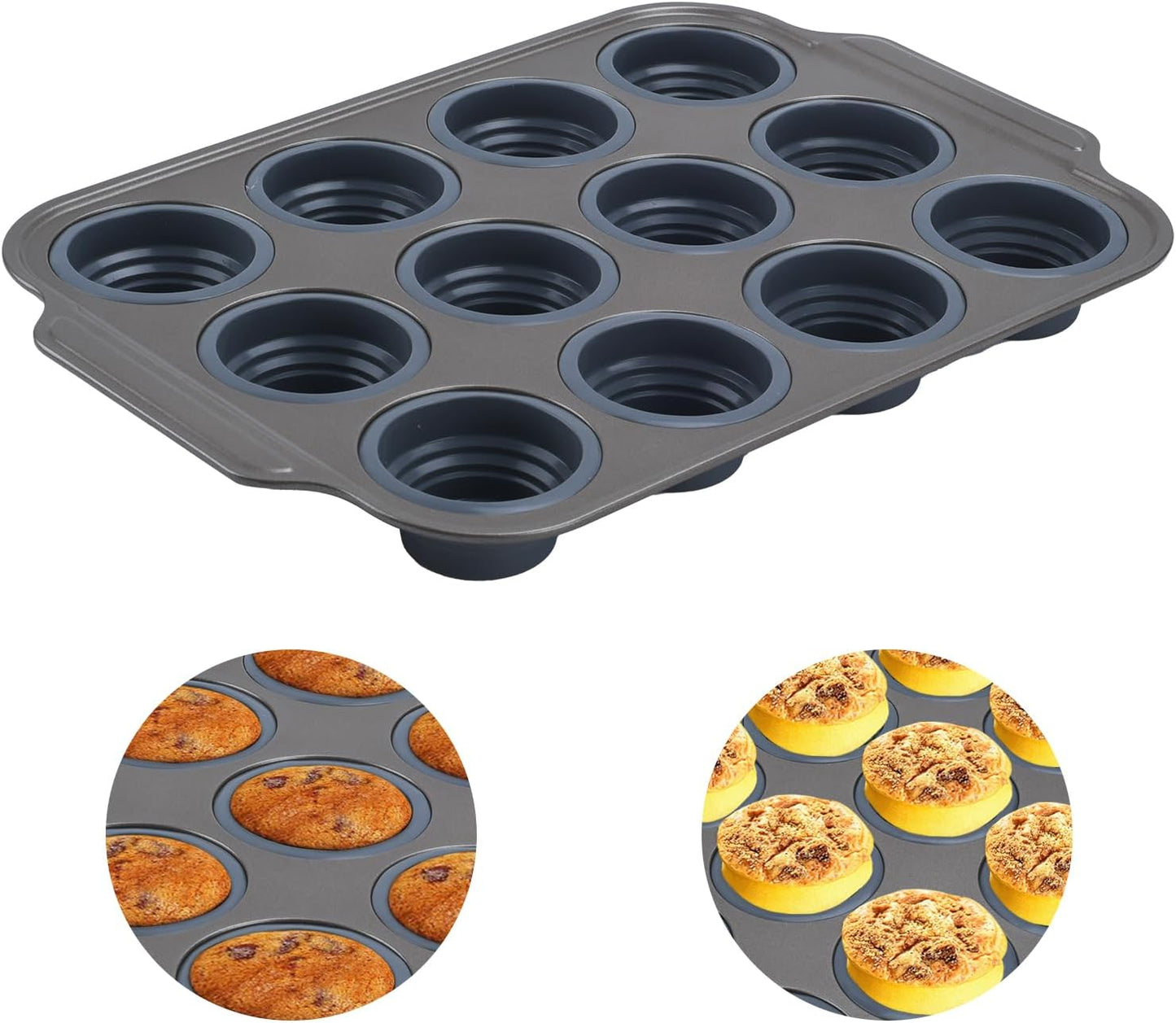 Silicone Muffin Pan, 12 Cups Cupcake Pans with Metal Frame Nonstick Muffin Tins Easy to Pop Out for Baking Cupcake Egg Bites BPA-free Cupcake Pan Mold (12 Cups Grey)