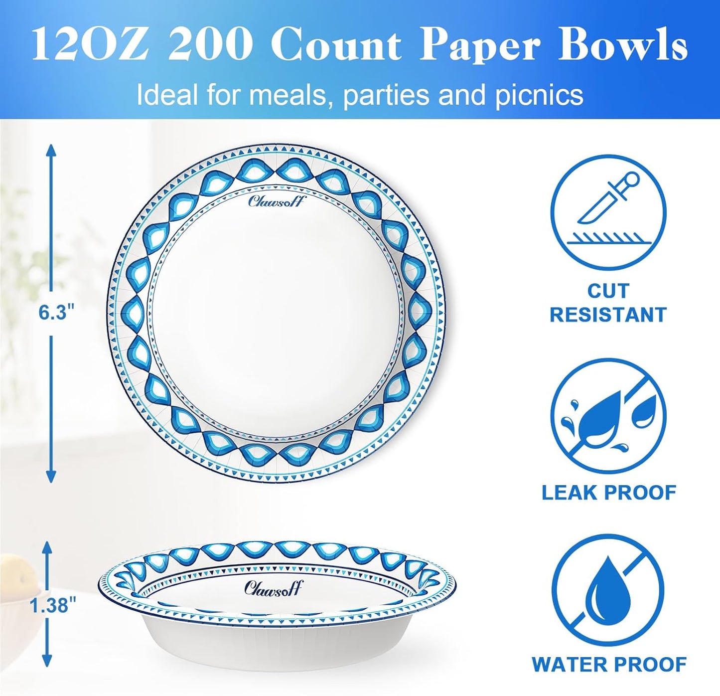 12 oz 200 Pack Paper Bowls Bulk, Soak Proof Heavy Duty Paper Bowls, Cut Proof Small Soup Bowl, Disposable Bowl for Party, Birthday and Picnic