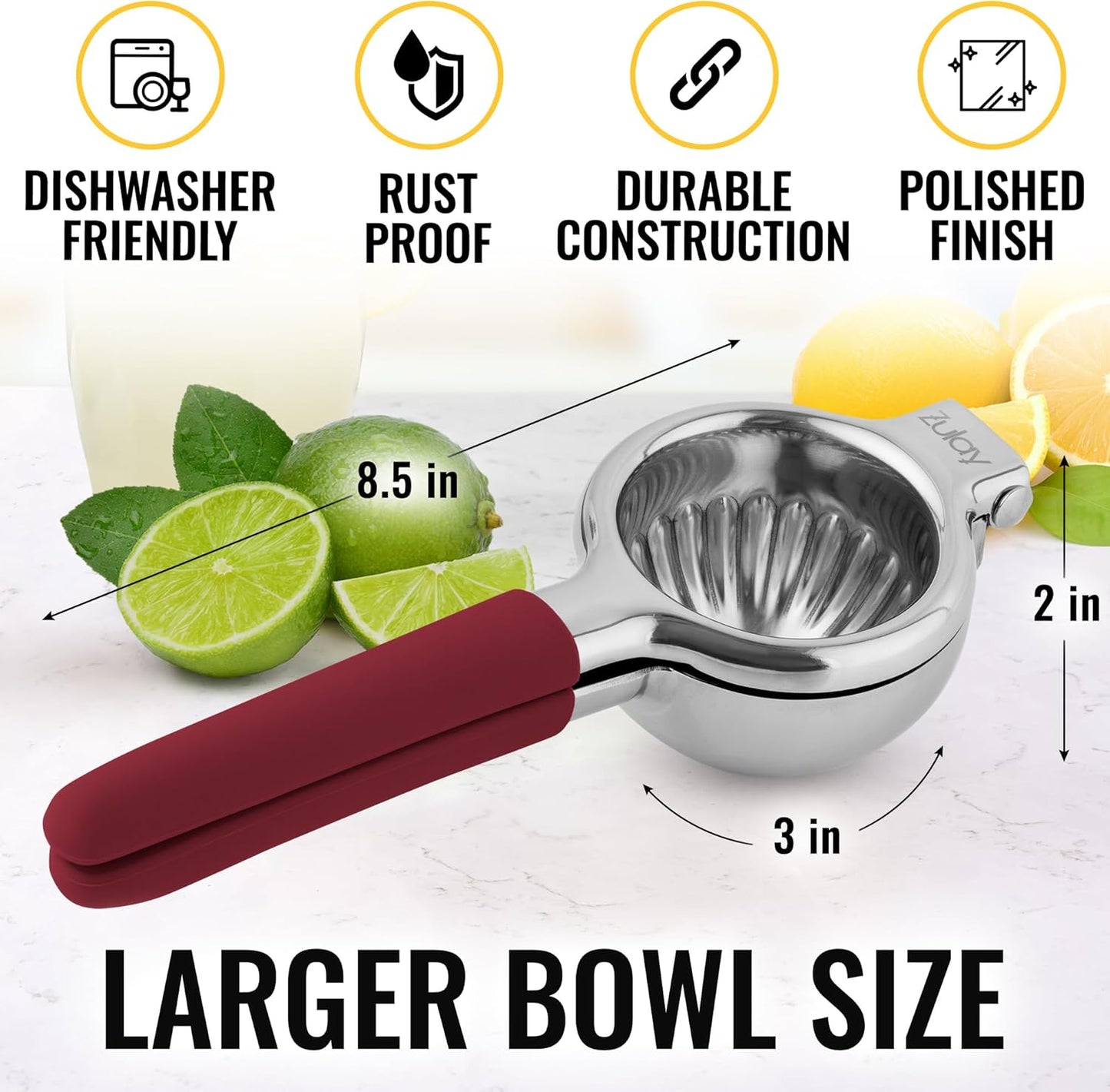 Zulay Lemon Squeezer Stainless Steel with Premium Heavy Duty Solid Metal Squeezer Bowl and Food Grade Silicone Handles - Large Manual Citrus Press Juicer and Lime Squeezer Stainless Steel (Cranberry)
