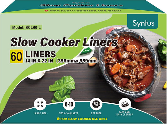 Syntus Slow Cooker Liners, 60 Count Cooking Bags Extra Large Size Disposable Pot Liners Plastic Bags, Fit 6QT to 10QT for Slow Cooker Cooking Trays, 14"x 22", 60 Liners