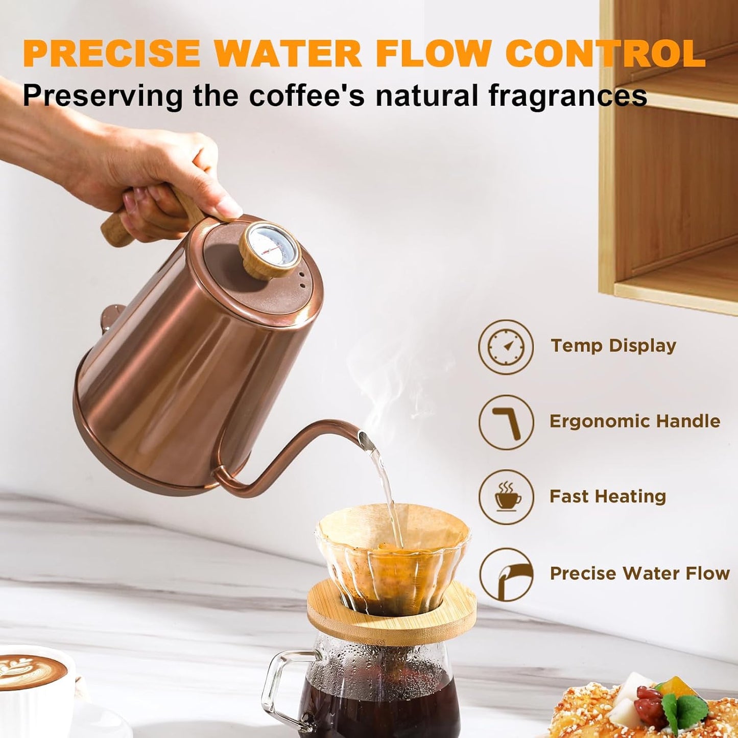 Nueve&Five Gooseneck Electric Kettle with Thermometer, Copper Tea Kettle with Auto Shut-Off,1000W Hot Water Kettle Electric of Stainless Steel,Electric Kettles for,Coffee & Tea