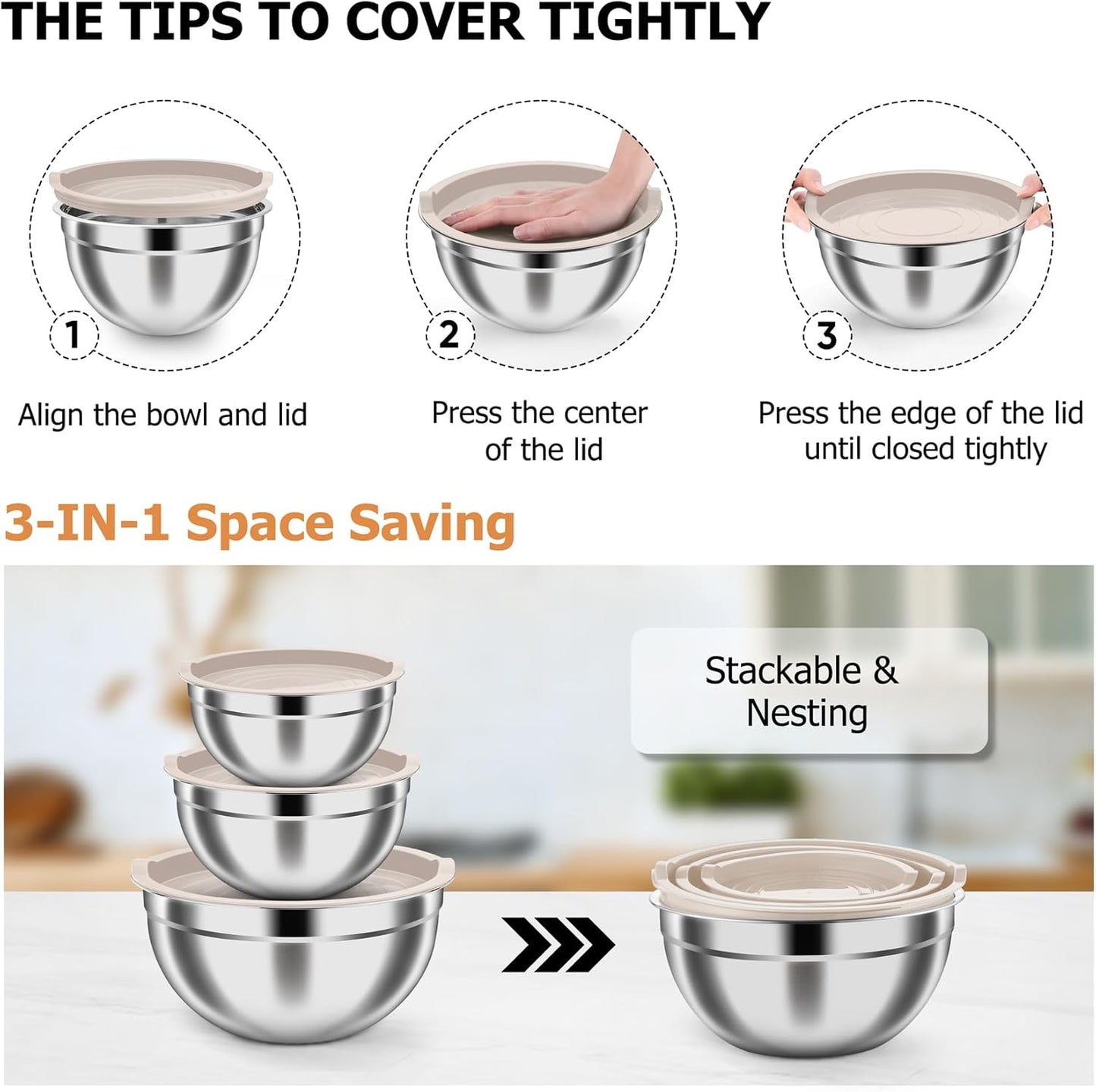 TeamFar Mixing Bowls, Stainless Steel Nesting Salad Bowls with Airtight Lids Set, For Serving/Mixing/Storing, Rust-proof & Heavy Duty, Dishwasher Safe, Set of 3-4.6/3 / 1.5 QT, Khaki