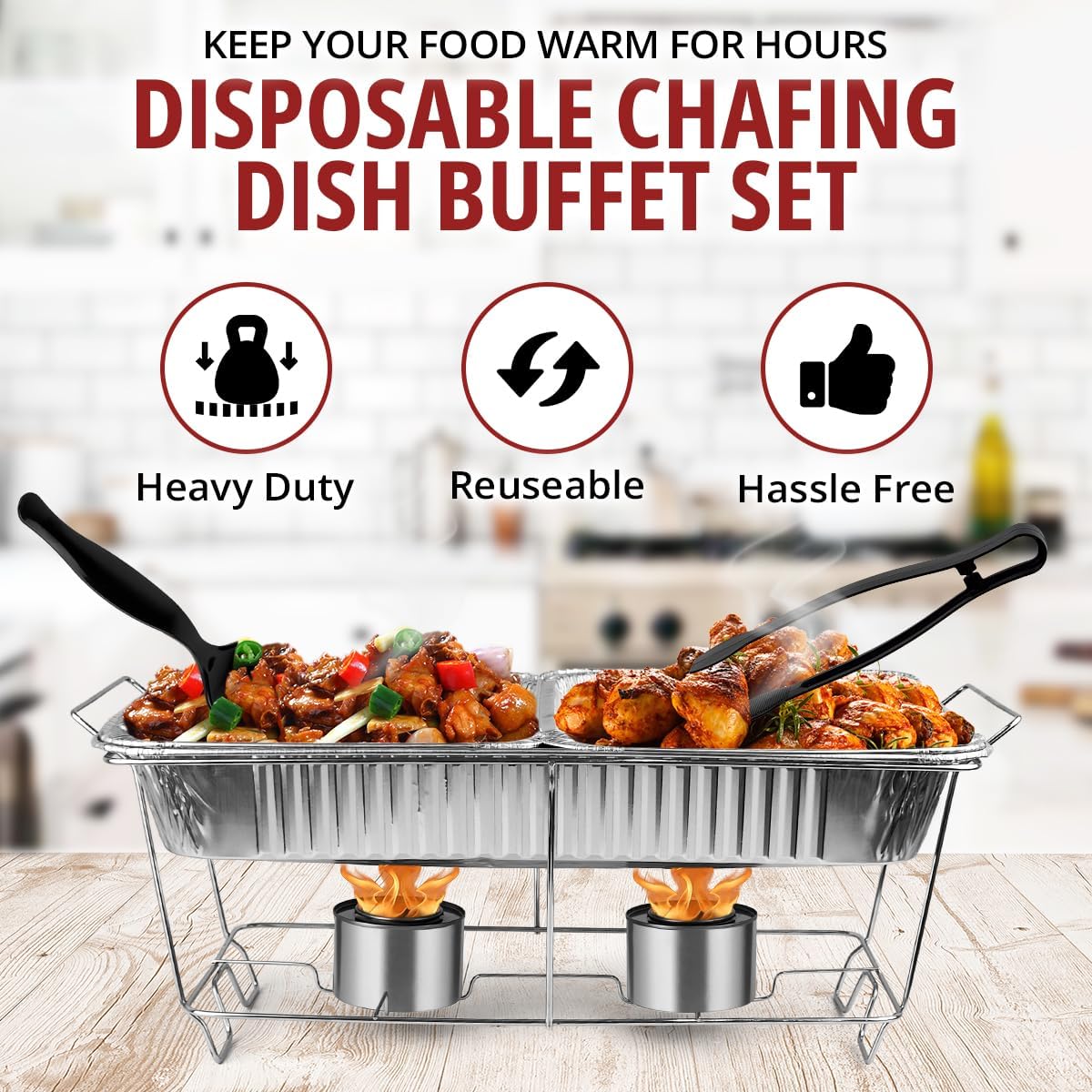 Disposable Chafing Dish Buffet Set, 33 Piece of Chafing Servers with Food Warmers, Covers, Half-Size Food Pans, Water Trays, Serving Utensils, Foil Lids and 4Hr Fuel Cans for Parties, Catering
