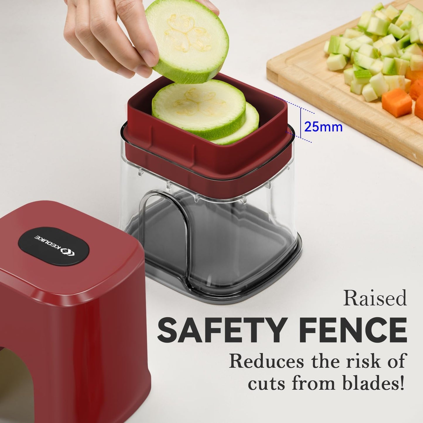 KEOUKE Multifunctional Vegetable Chopper Red - 3 Interchangeable Blades Potato French Fry Cutter with Container & Storage Box Food Chopper Dicer for Cucumber, Tomato, Carrot, Onion