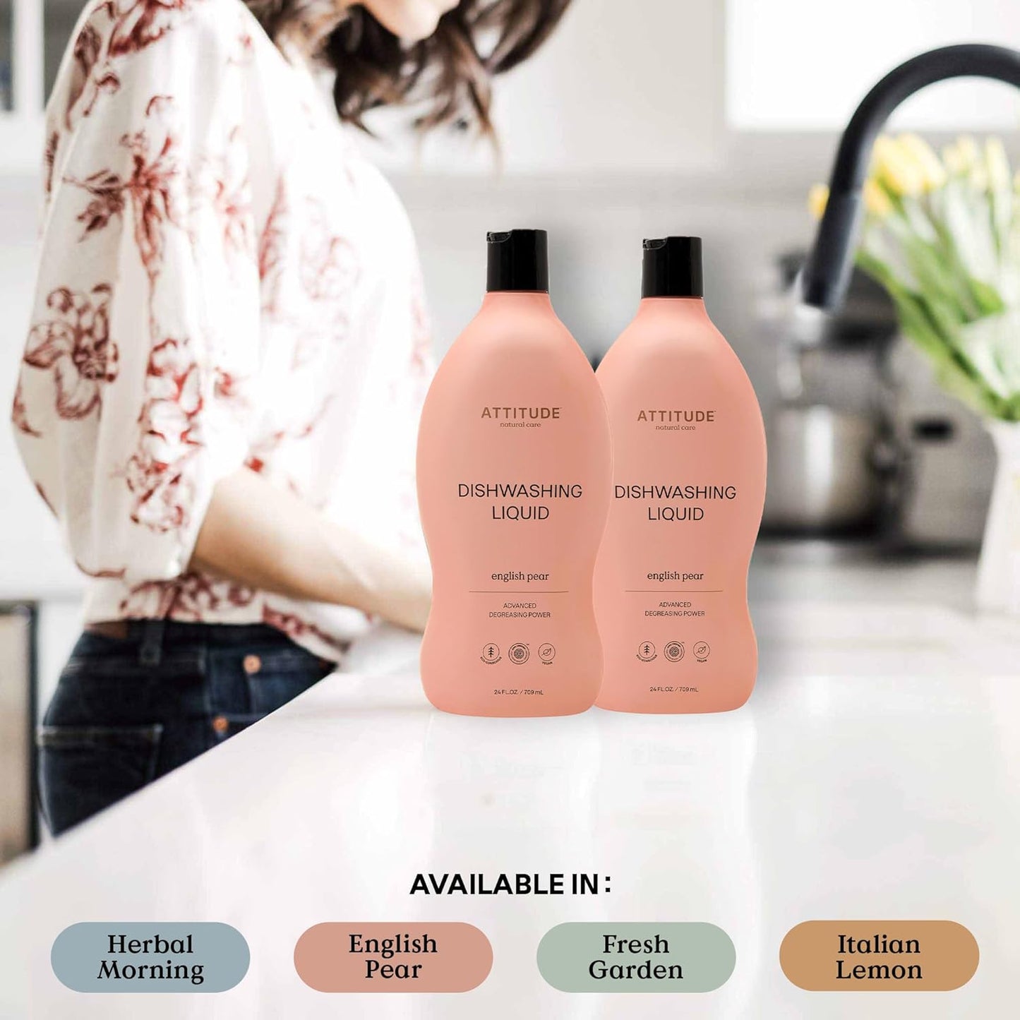 ATTITUDE Dish Soap, EWG Verified, Plant-Based & Vegan Dishwashing Liquid, Naturally Derived, English Pear Scent, 24 Fl Oz