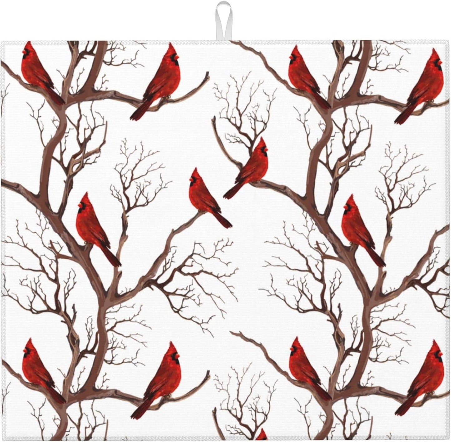 Winter Cardinal Birds Dish Drying Mat for Kitchen Counter Washable Absorbent Drying Mat Reversible Microfiber Drying Pad Home Holiday Decor Kitchen Accessories 16"x18"