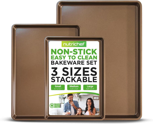 NutriChef 3-Piece Nonstick Baking Pans Set - Thick Carbon Steel Oven Bake Trays - Includes XL, Medium, & Small Sizes - Versatile Cookie Sheets for Baking & Roasting, Dishwasher Safe - Gold