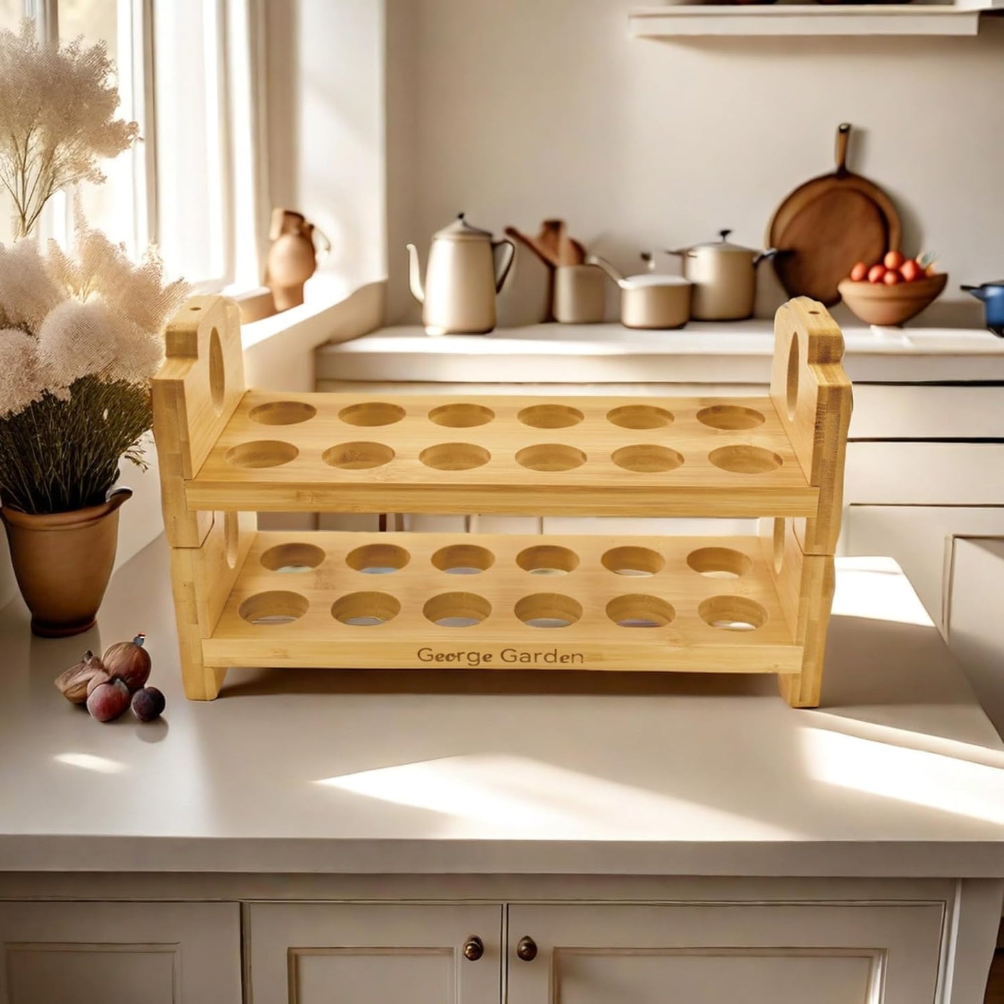 Bamboo Egg Holder Countertop - Stackable Design for 24 Eggs, Farm Fresh Egg Organizer Display Stand, Wooden Chicken Egg Storage Kitchen Counter Top Rack, Fits Duck, Turkey, Chicken Eggs