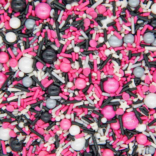 Black Pink Sprinkles for Cake Decorating, Baking - Fancy Minnie Mouse Sprinkles for Cupcake Decorating - Edible Minnie Mouse Cake Decorations in Pink and Black Princess with Jimmies, Pearls