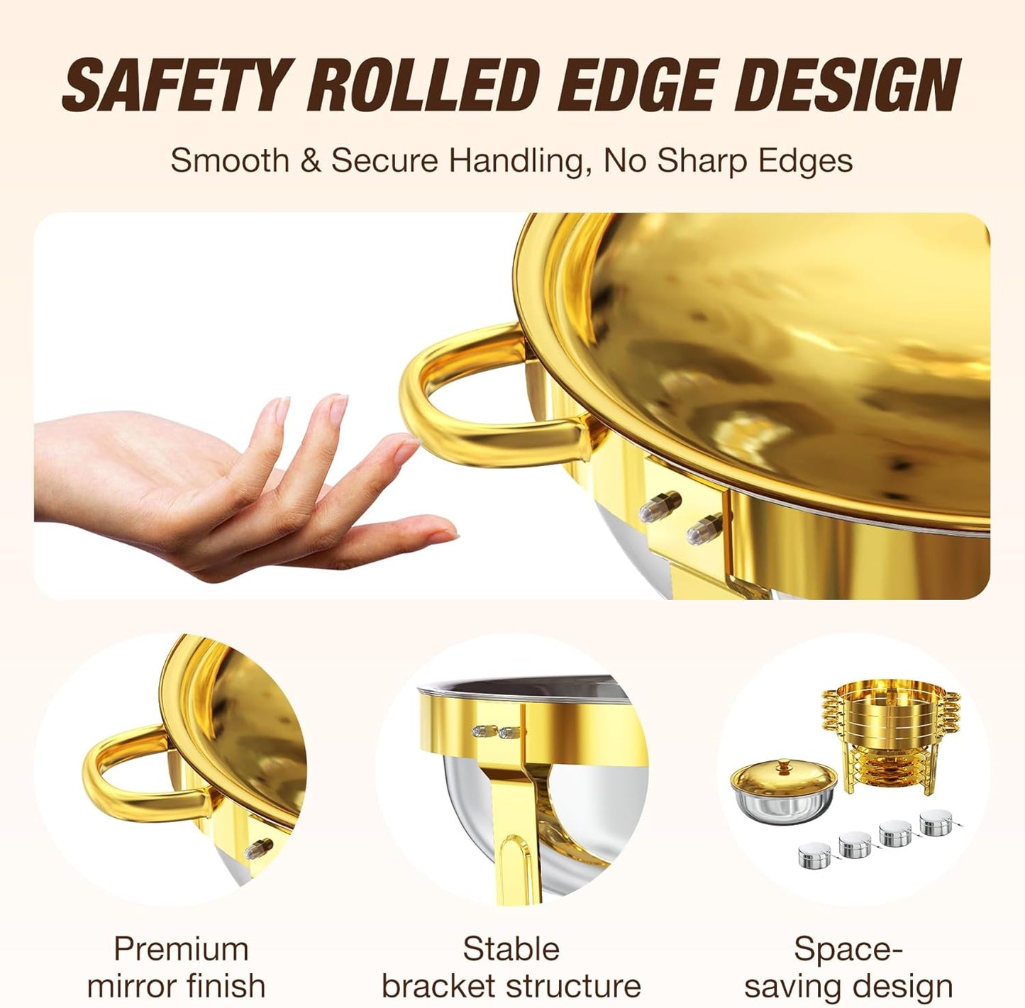 Gold Chafing Dishes for Buffet (5QT, 4 Pack), Round Chafers and Buffet Warmers Sets with Lid Holder, Food-Grade Stainless Steel, Rolled Edge Design, for Catering Events, Parties, Weddings