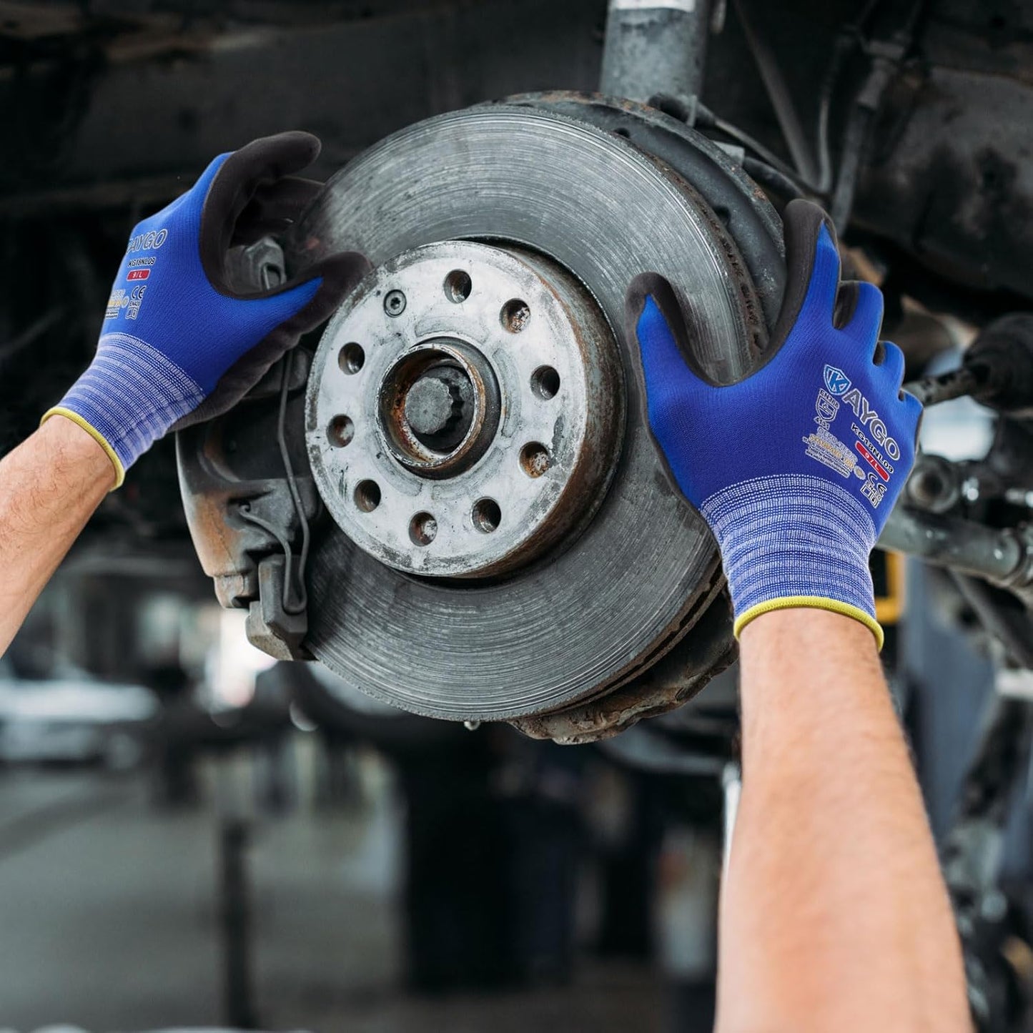 KAYGO Safety Work Gloves MicroFoam Nitrile Coated, 12 Pairs, KG18NB,Seamless Knit Nylon Glove with Black Micro-Foam Nitrile Grip,Ideal for General Purpose,Automotive,Home Improvement,Blue,M