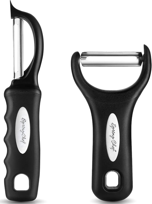 Spring Chef Swivel Vegetable Peeler & Y Potato Peeler for Kitchen with Soft Grip Handles and Ultra Sharp Stainless Steel Blades, Perfect for Veggie, Fruit, Carrot, Apple - Dishwasher Safe - Black