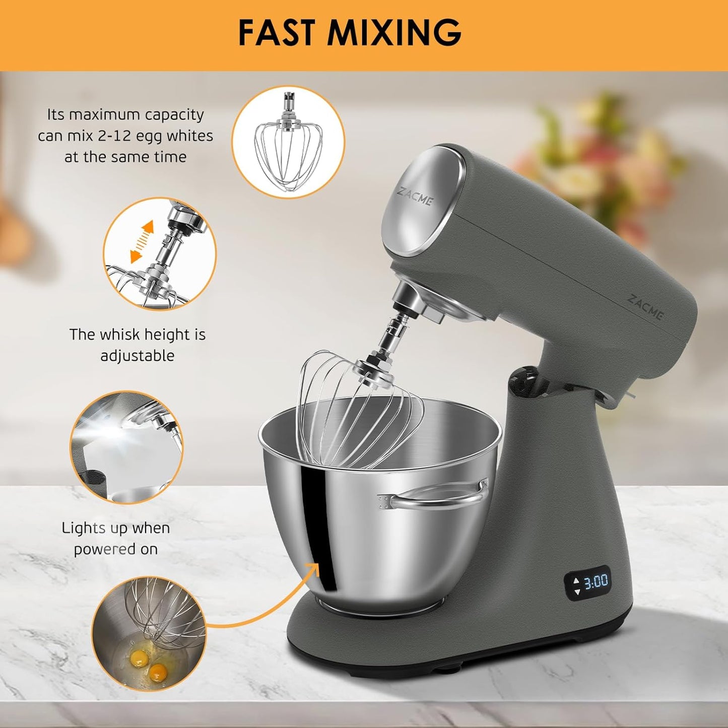 ZACME Mixers Kitchen Electric Stand Mixer 5.5QT 600W, Aluminum die casting and Gears, Dual Cooling System, Low Noise, DC Motor, LED Display and Timing Function, Tilt-head Metal Food Mixer, Grey